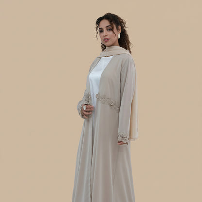 Muslim Women 3D Floral Embroidered Patchwork Nida Open Abaya Dress With A Matching Hijab #261352