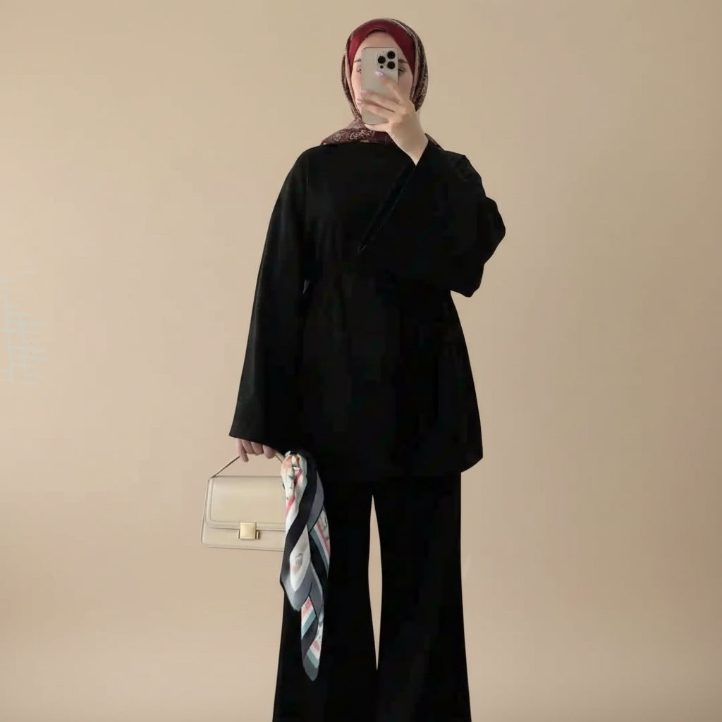 طقم ملابس يومية للنساء المسلمات مكون من قطعتين، بلوزة وبنطلون، #251131