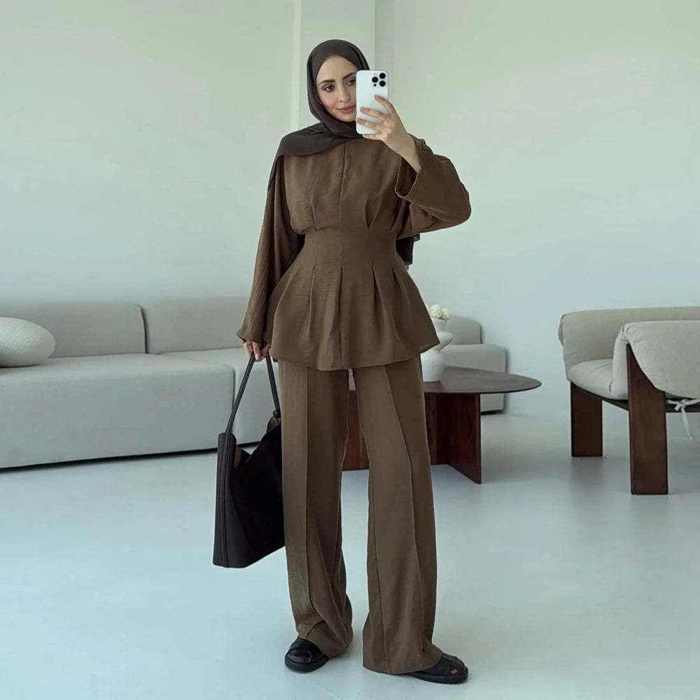طقم ملابس يومية للنساء المسلمات مكون من قطعتين، بلوزة وبنطلون، رقم 251094