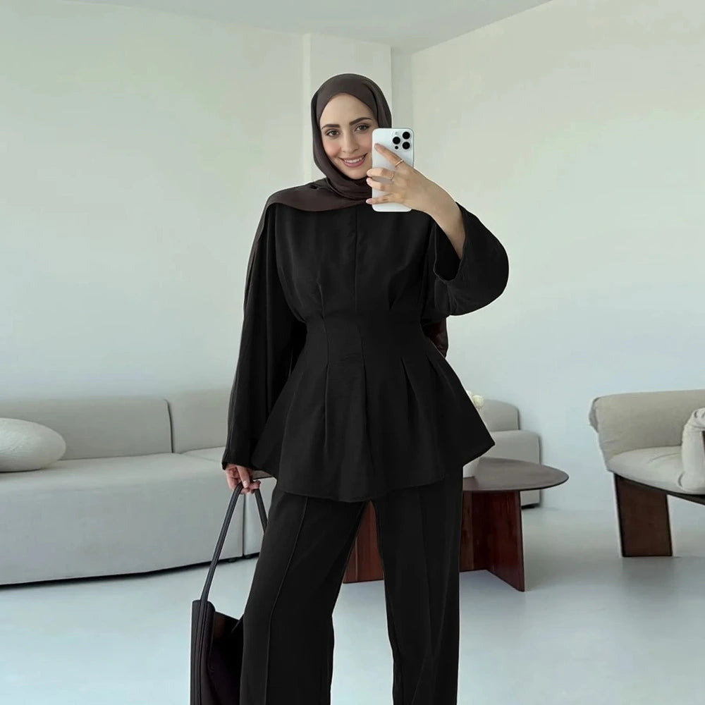 طقم ملابس يومية للنساء المسلمات مكون من قطعتين، بلوزة وبنطلون، رقم 251094