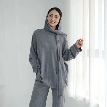 Winter Fall Muslim Women Knitted 2 Pieces Set Tops And Pants Suit Set #25W001