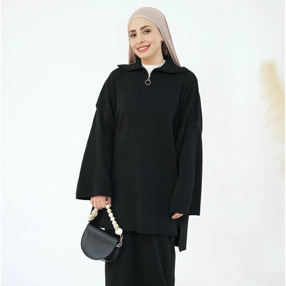 Winter Fall Muslim Women Thick Knitted 2 Pieces Set Tops And Skirt Suit Set #25929
