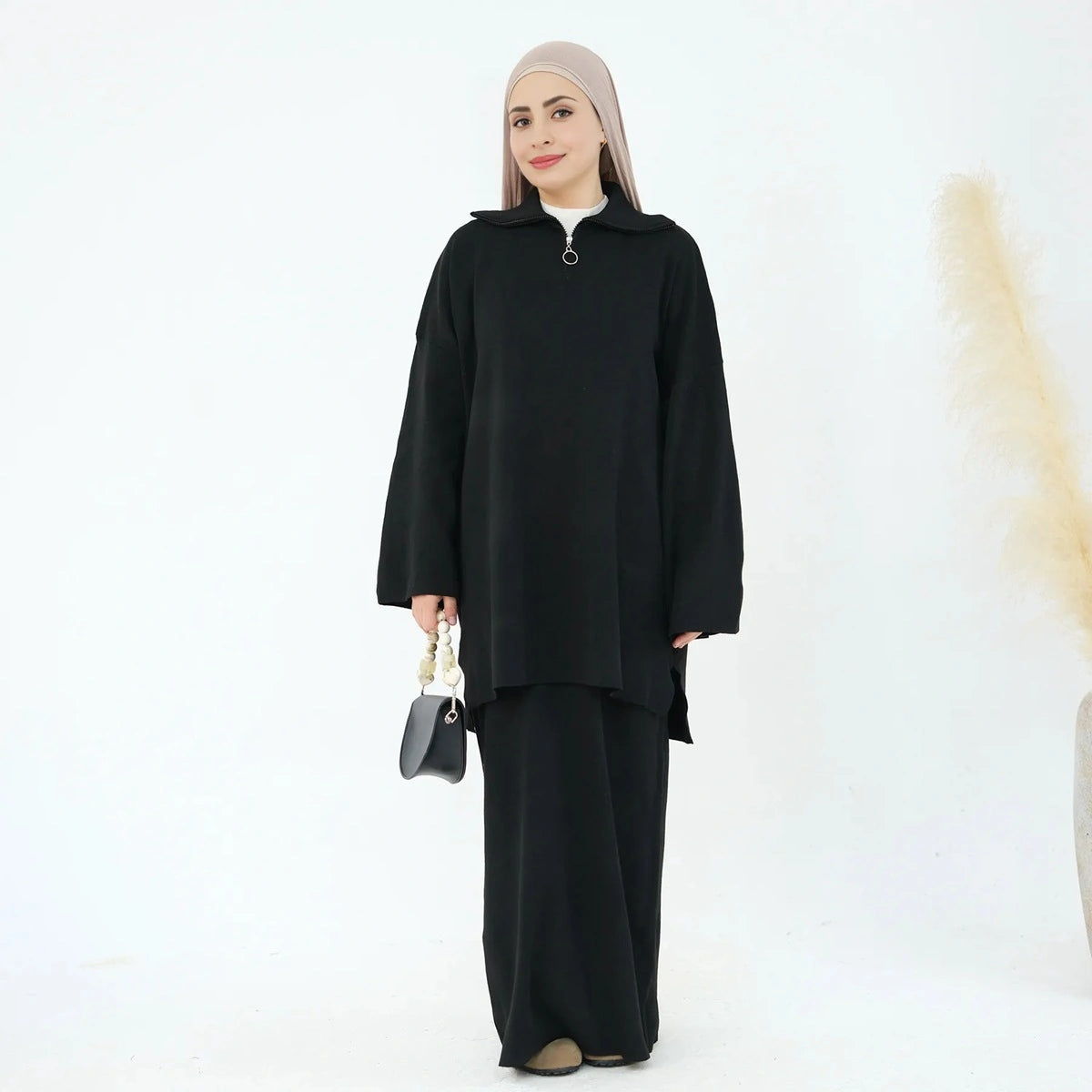 Winter Fall Muslim Women Thick Knitted 2 Pieces Set Tops And Skirt Suit Set #25929