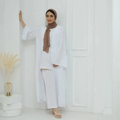 3 Pieces Set Sleeveless Tops Pants Suit With Open Abaya Dress For Muslim Women