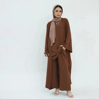 3 Pieces Set Sleeveless Tops Pants Suit With Open Abaya Dress For Muslim Women
