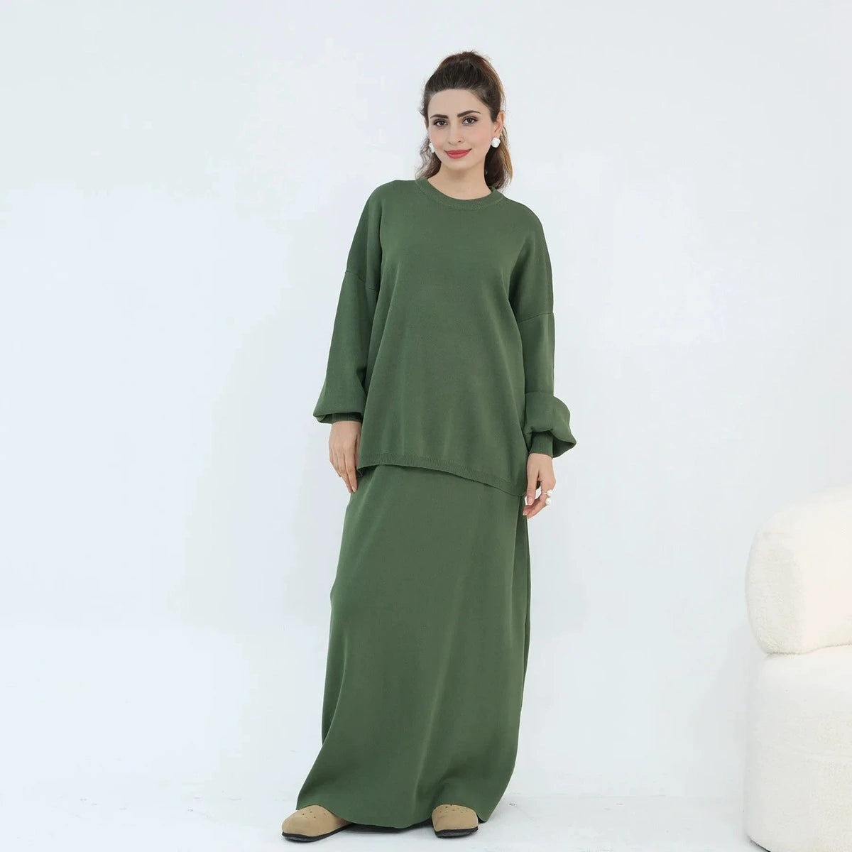 طقم نسائي مسلم شتوي وخريفي محبوك سميك مكون من قطعتين، توب وتنورة، #25929