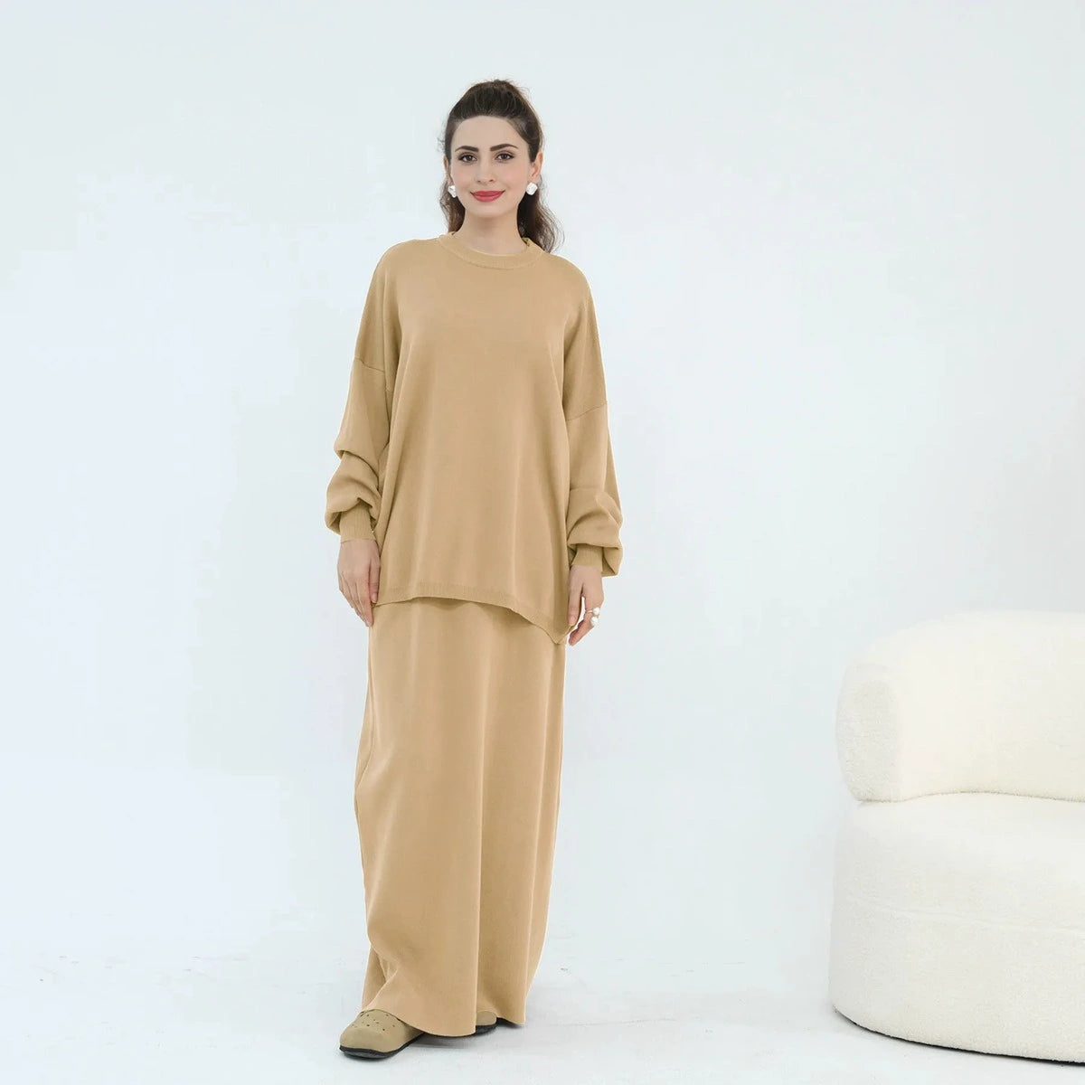 طقم نسائي مسلم شتوي وخريفي محبوك سميك مكون من قطعتين، توب وتنورة، #25929