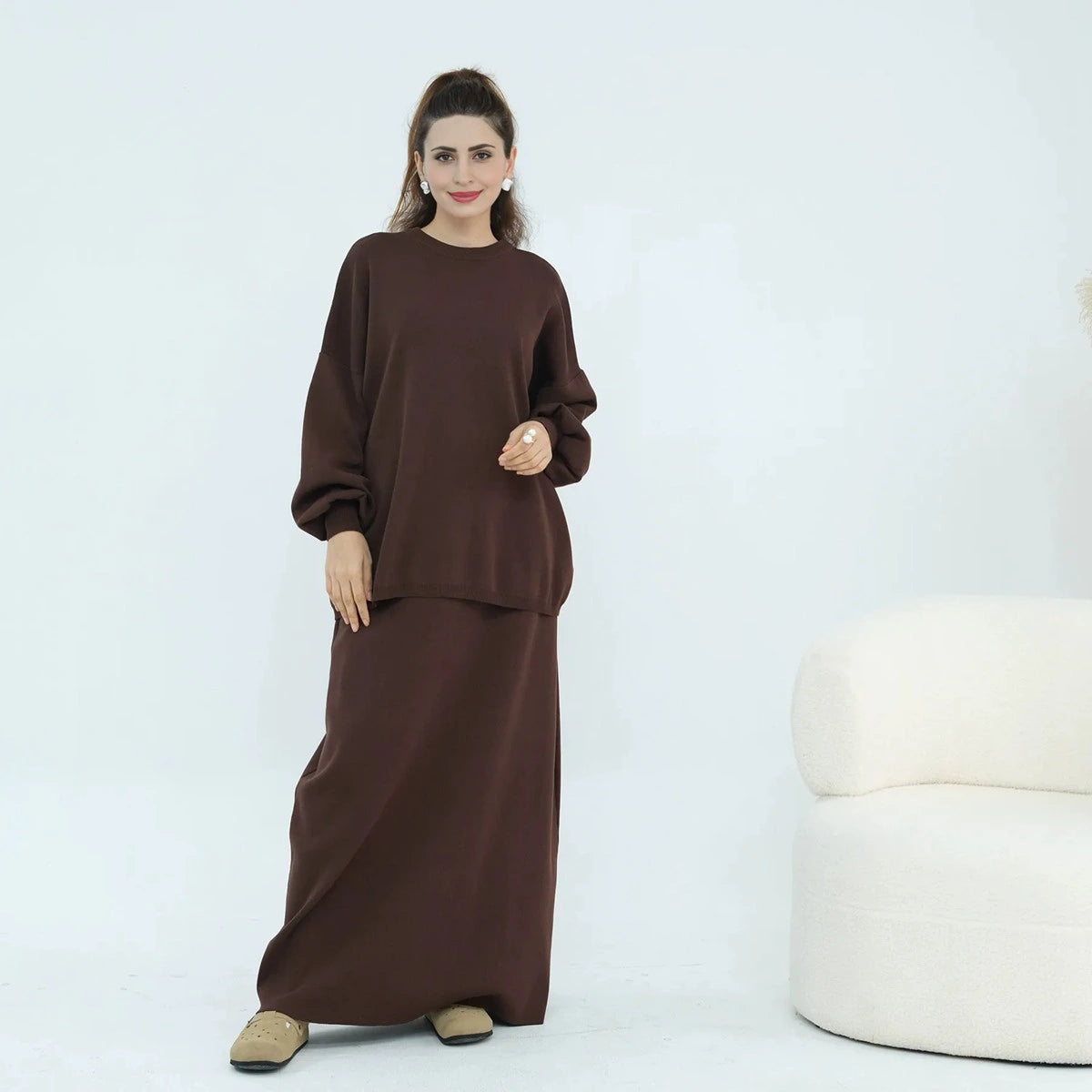 طقم نسائي مسلم شتوي وخريفي محبوك سميك مكون من قطعتين، توب وتنورة، #25929