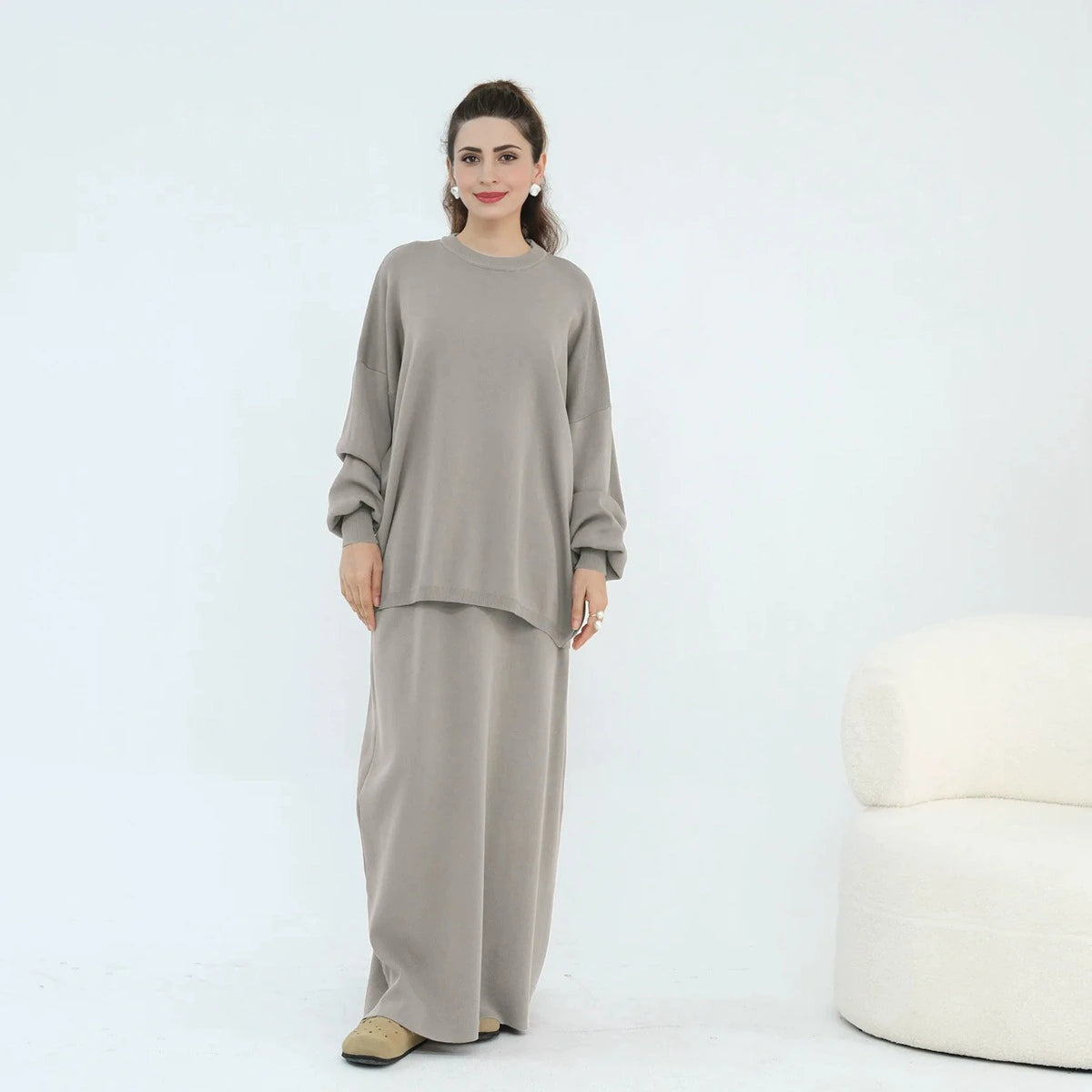 طقم نسائي مسلم شتوي وخريفي محبوك سميك مكون من قطعتين، توب وتنورة، #25929