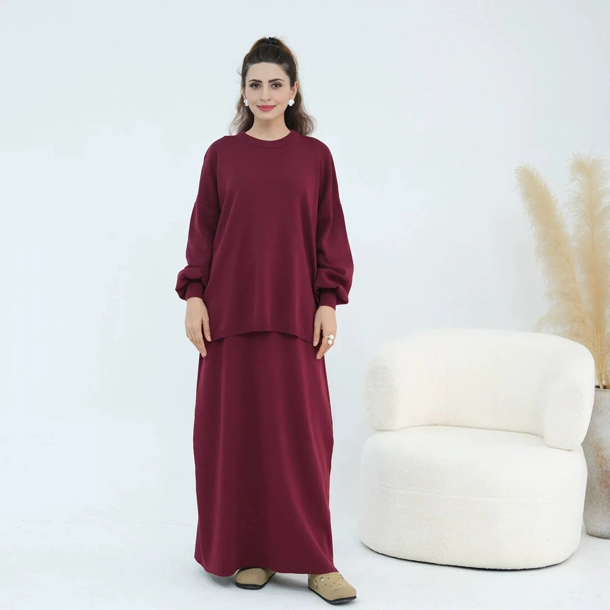 طقم نسائي مسلم شتوي وخريفي محبوك سميك مكون من قطعتين، توب وتنورة، #25929