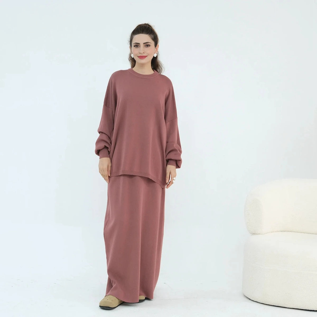 طقم نسائي مسلم شتوي وخريفي محبوك سميك مكون من قطعتين، توب وتنورة، #25929