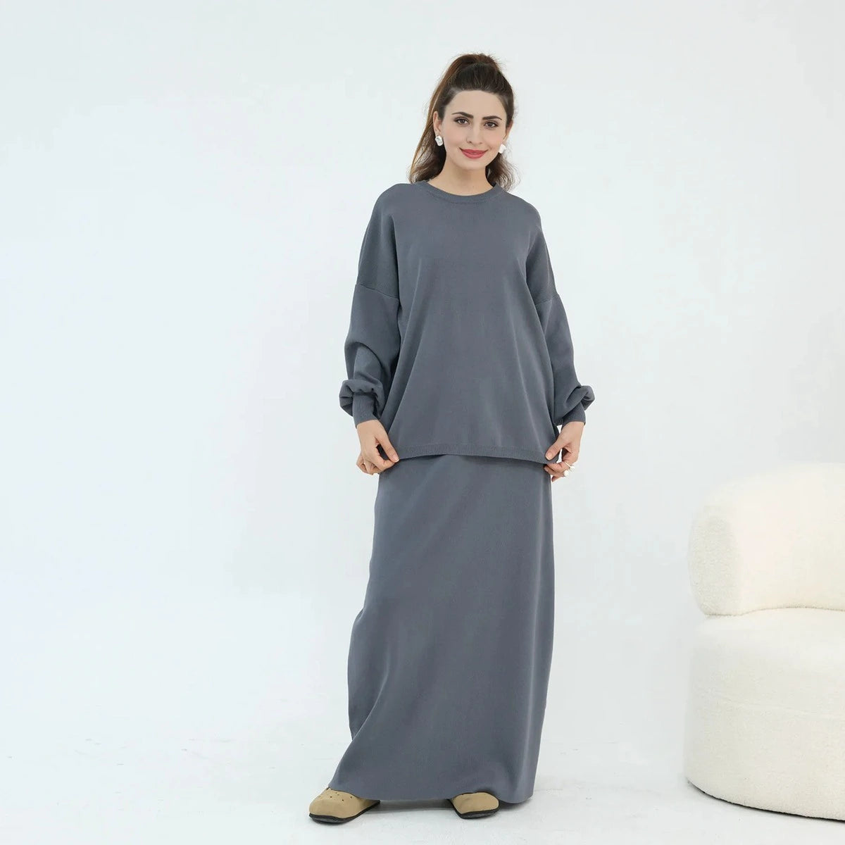 طقم نسائي مسلم شتوي وخريفي محبوك سميك مكون من قطعتين، توب وتنورة، #25929