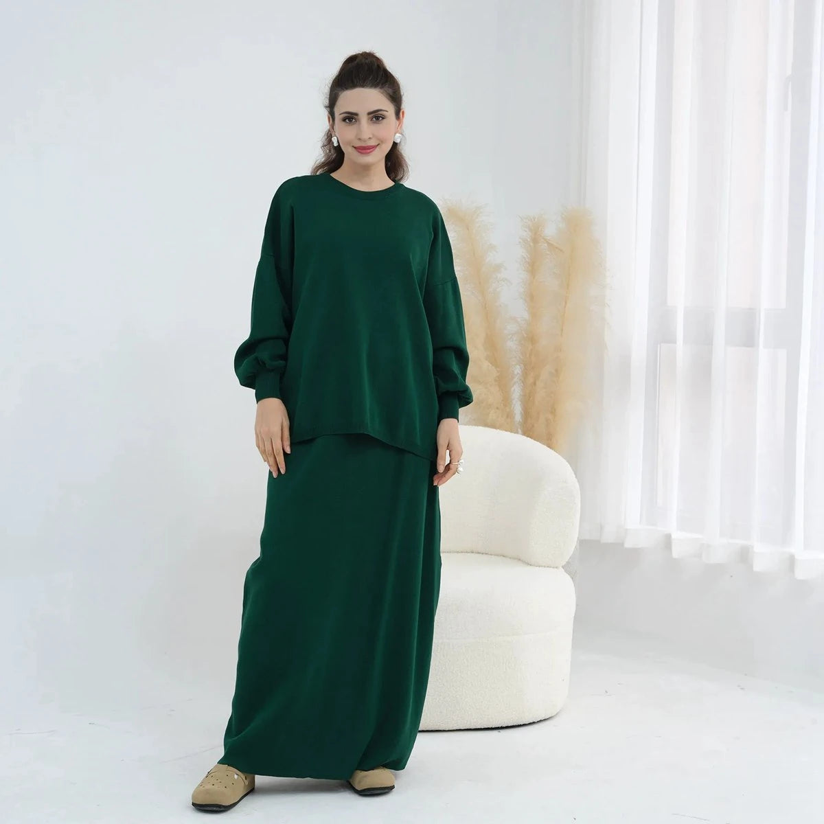 طقم نسائي مسلم شتوي وخريفي محبوك سميك مكون من قطعتين، توب وتنورة، #25929