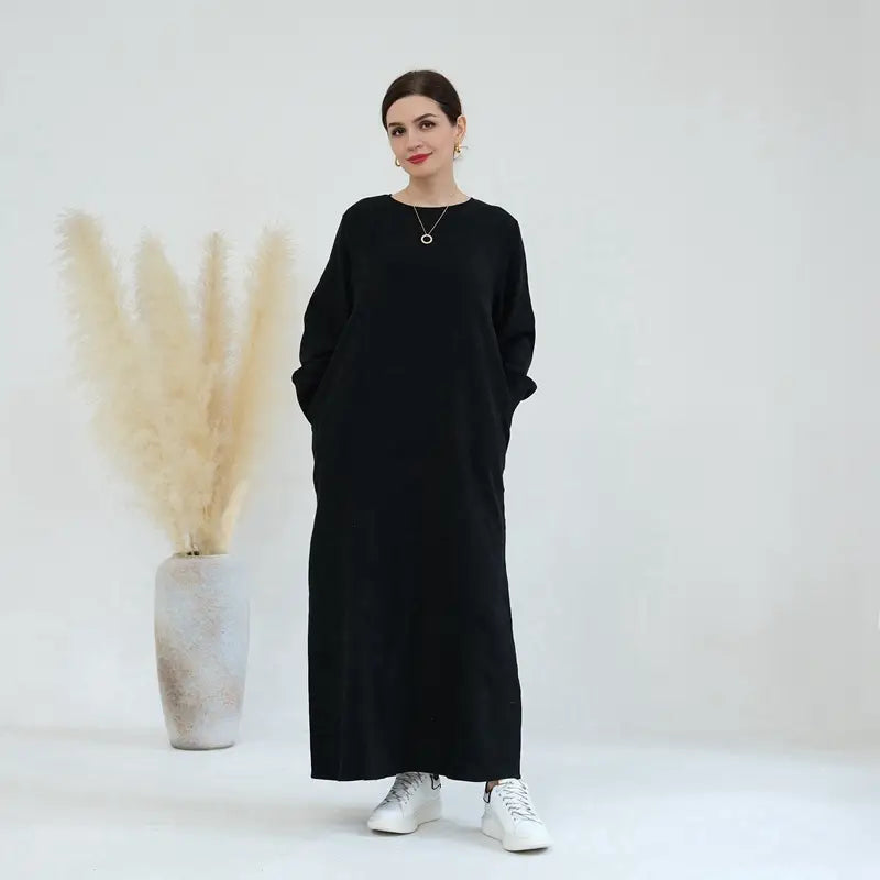 Winter Fall Twill Sanding Fabric Solid Color Muslim Women Abaya Dress