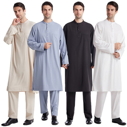 Arab Men Solid Color Thobe Set With Pants