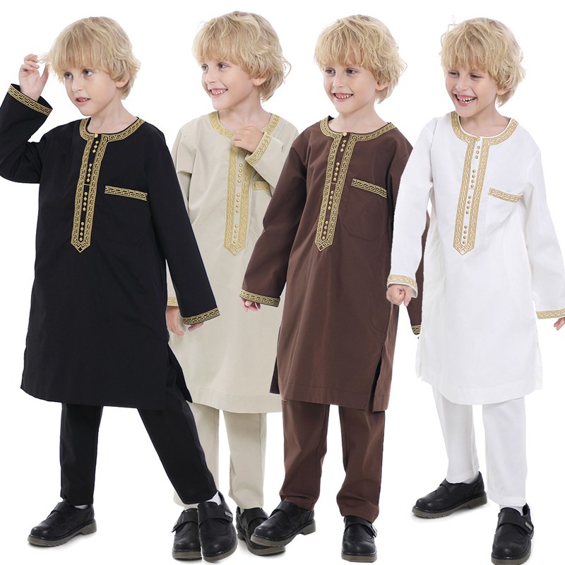 Muslim Arab Kids Boy Embroidered Thobe Suit Set