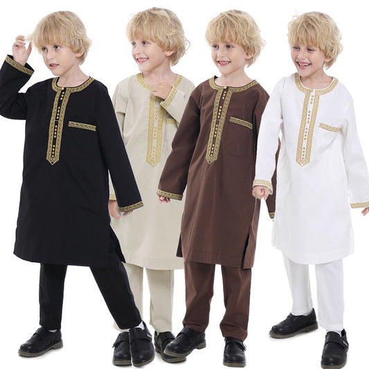 Muslim Arab Kids Boy Embroidered Thobe Suit Set