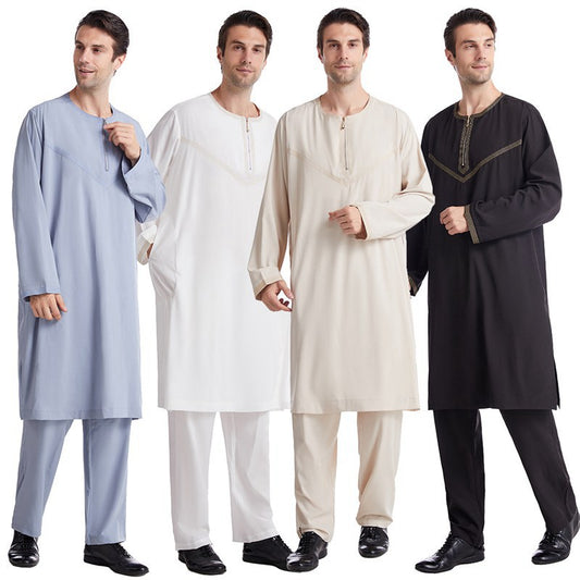 Middle East Arab Men Suits Embroidered Thobe Set With Pants