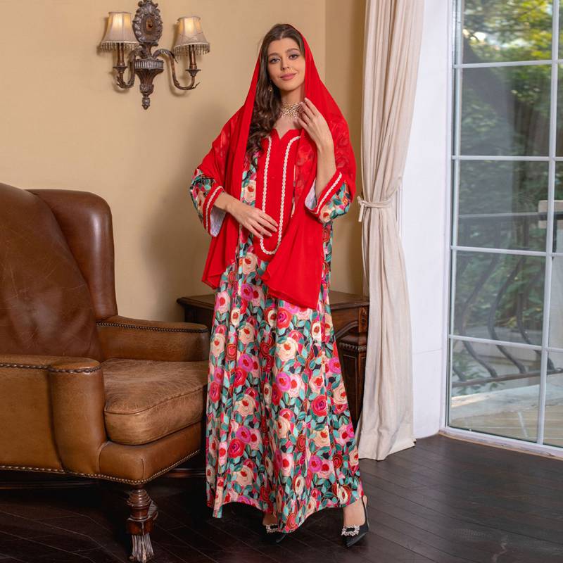 Ramadan Eid Caftan Hotfix Rhinestone Women Kaftan Dress Jalabiya With Hijab Scarf