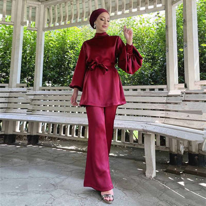 Muslim Women Abaya Pants Set Satin Office Wear Work Clothing 2 Pieces Suit Set With Tops And Pants