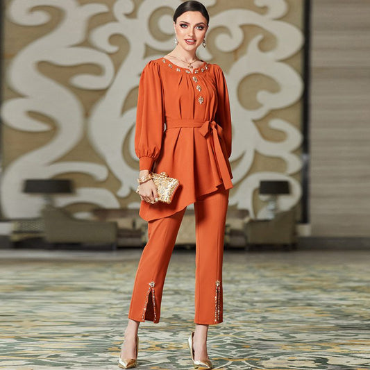 2 Pieces Set Pants Suit Hand-stitched Rhinestone With Tops And Pants For Muslim Women