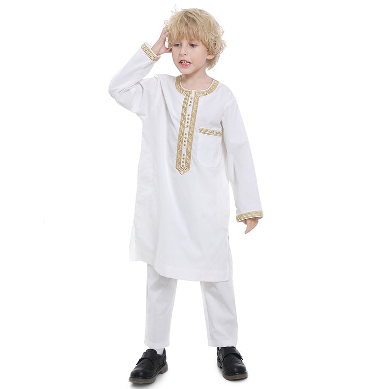 Muslim Arab Kids Boy Embroidered Thobe Suit Set