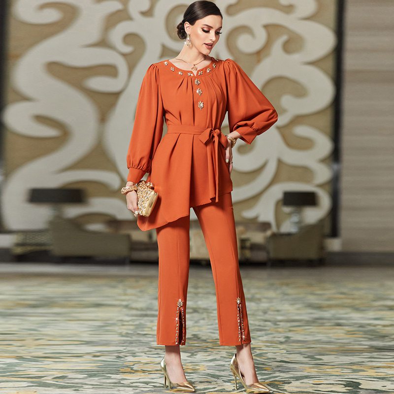 2 Pieces Set Pants Suit Hand-stitched Rhinestone With Tops And Pants For Muslim Women