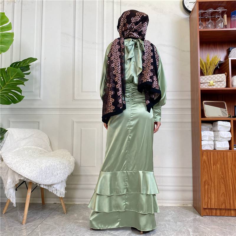 Muslim Women Satin Robe Dress 2 Pieces Set With Tops And Skirt