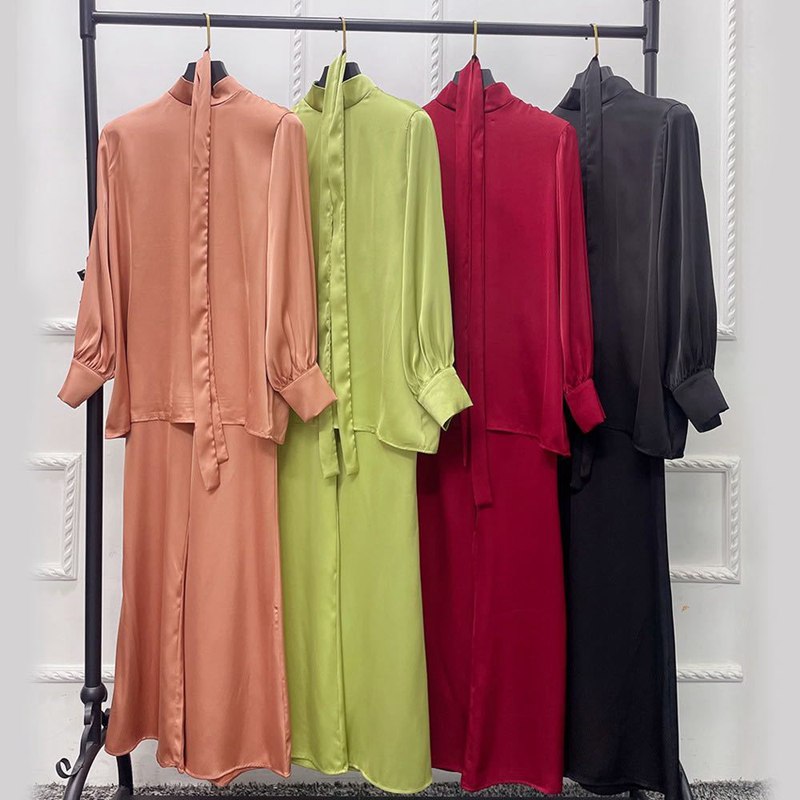 Muslim Women Abaya Pants Set Satin Office Wear Work Clothing 2 Pieces Suit Set With Tops And Pants