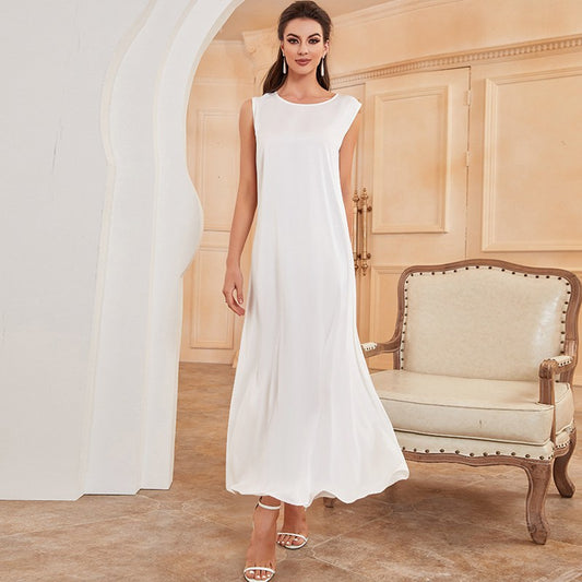 White Satin Sleeveless Abaya Inner Dress For Muslim Women