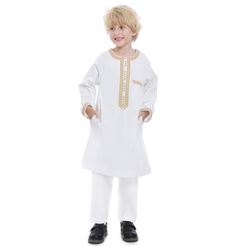 Muslim Arab Kids Boy Embroidered Thobe Suit Set