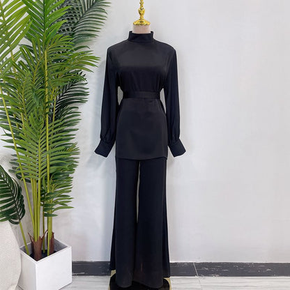 Muslim Women Abaya Pants Set Satin Office Wear Work Clothing 2 Pieces Suit Set With Tops And Pants