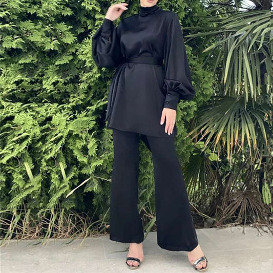 Muslim Women Abaya Pants Set Satin Office Wear Work Clothing 2 Pieces Suit Set With Tops And Pants