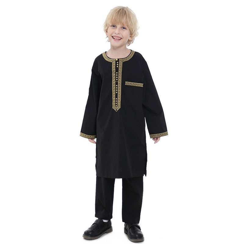 Muslim Arab Kids Boy Embroidered Thobe Suit Set