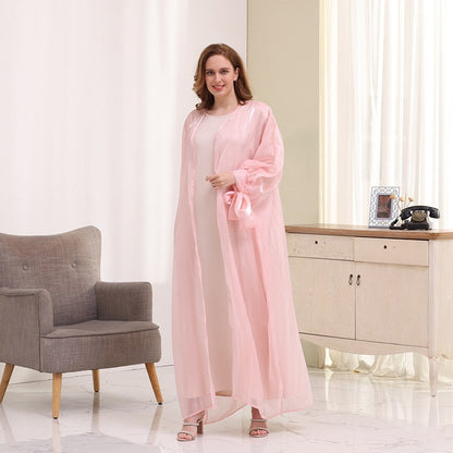Muslim Women Bubble Sleeve Satin Long Abaya Cardigan Open Dress