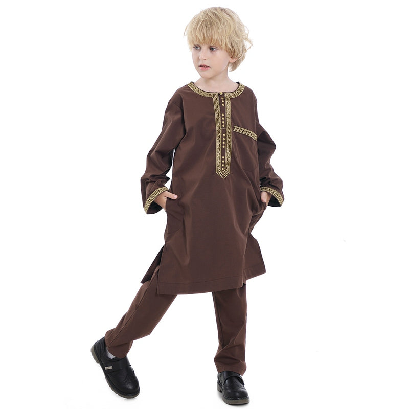 Muslim Arab Kids Boy Embroidered Thobe Suit Set