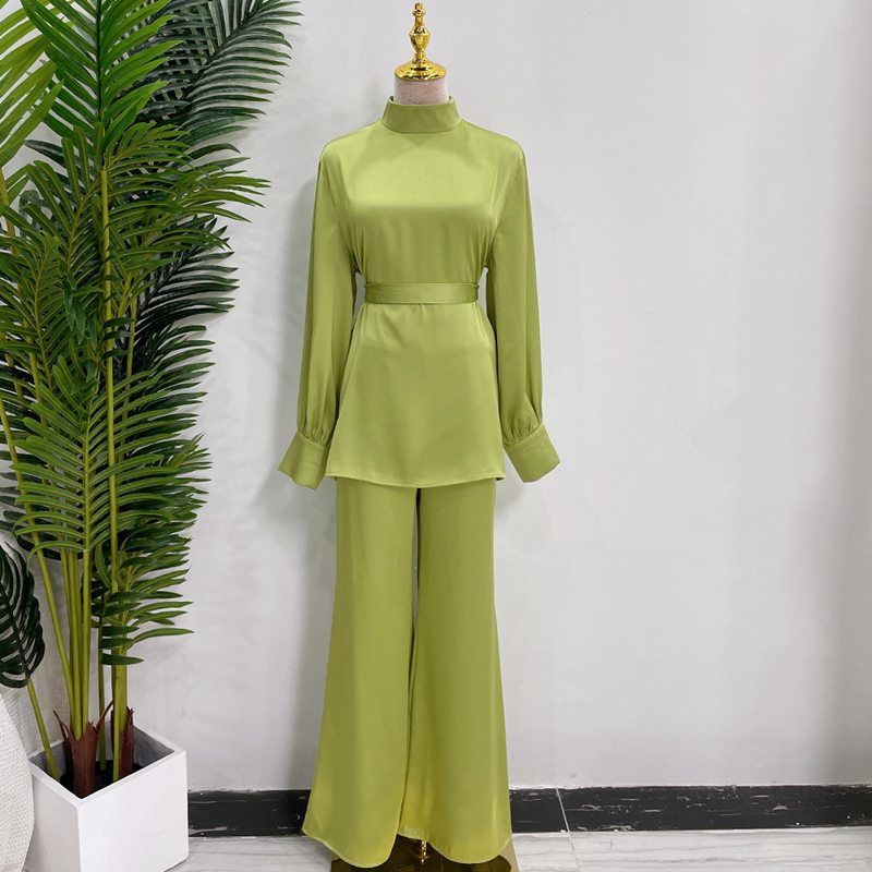 Muslim Women Abaya Pants Set Satin Office Wear Work Clothing 2 Pieces Suit Set With Tops And Pants