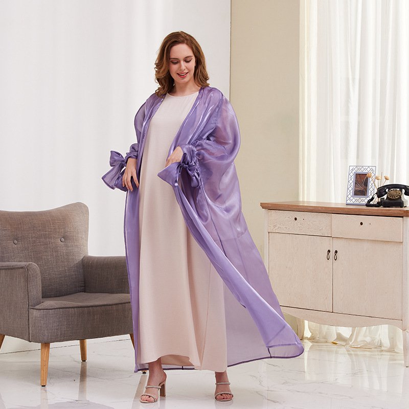 Muslim Women Bubble Sleeve Satin Long Abaya Cardigan Open Dress
