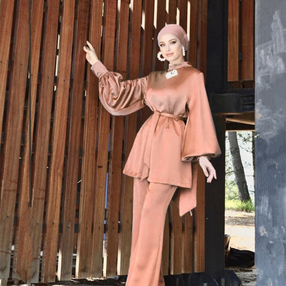 Muslim Women Abaya Pants Set Satin Office Wear Work Clothing 2 Pieces Suit Set With Tops And Pants