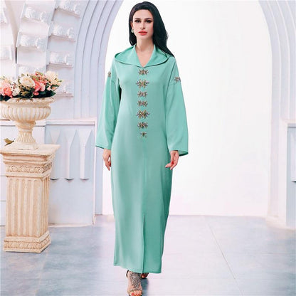 Hooded Elegant Rhinestone Long Femme Djellaba Women Abaya Kaftan Dress Jalaba