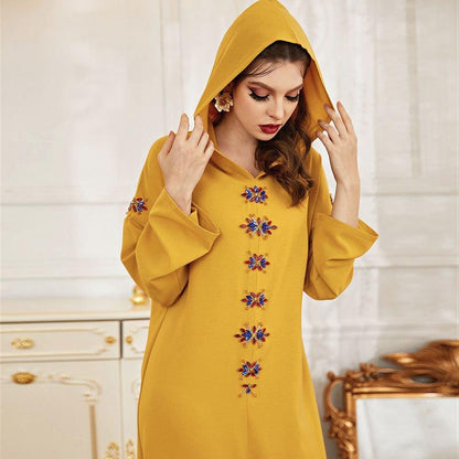 Hooded Elegant Rhinestone Long Femme Djellaba Women Abaya Kaftan Dress Jalaba