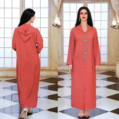 Hooded Elegant Rhinestone Long Femme Djellaba Women Abaya Kaftan Dress Jalaba