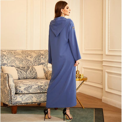 Hooded Elegant Rhinestone Long Femme Djellaba Women Abaya Kaftan Dress Jalaba