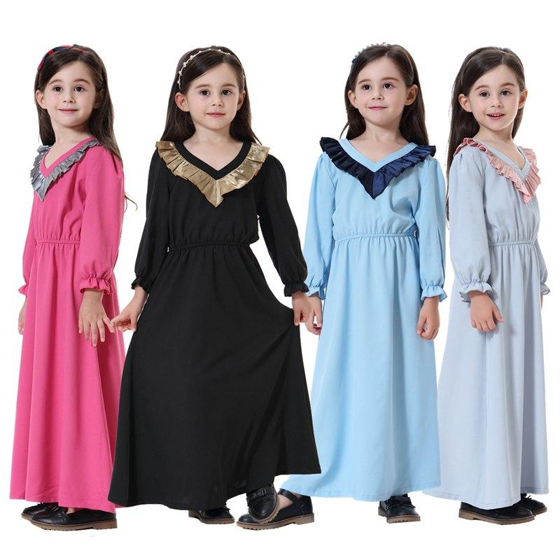 V-Neck Long Sleeve Abaya Dress For Girls Middle East Arab Kids