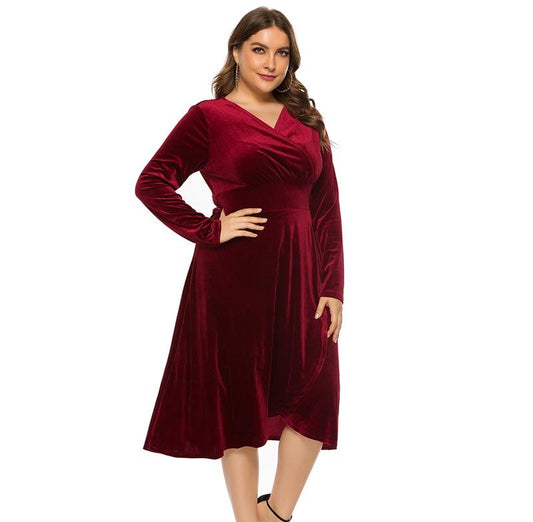Elegant Golden velvet V-Neck Plus Size Women Dress